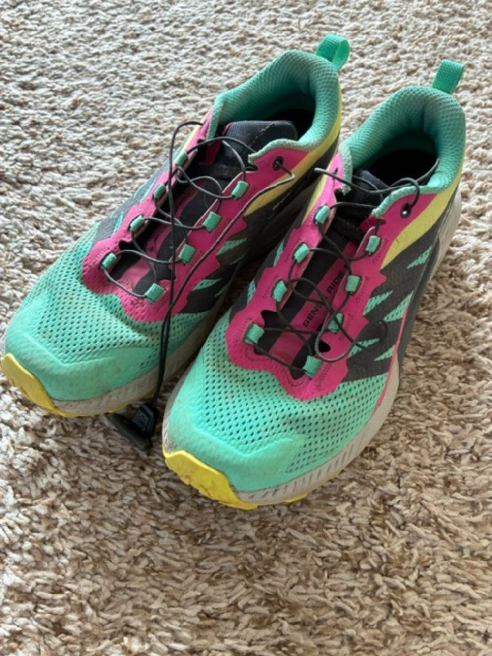 Salomon Trail Running Shoes - Teal/Yellow/Pink, size 8.5 women's, (men's 7.5)